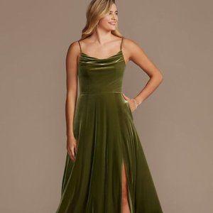 David's Bridal Velvet Cowl Neck Spaghetti Strap Bridesmaid Dress - Martini Olive